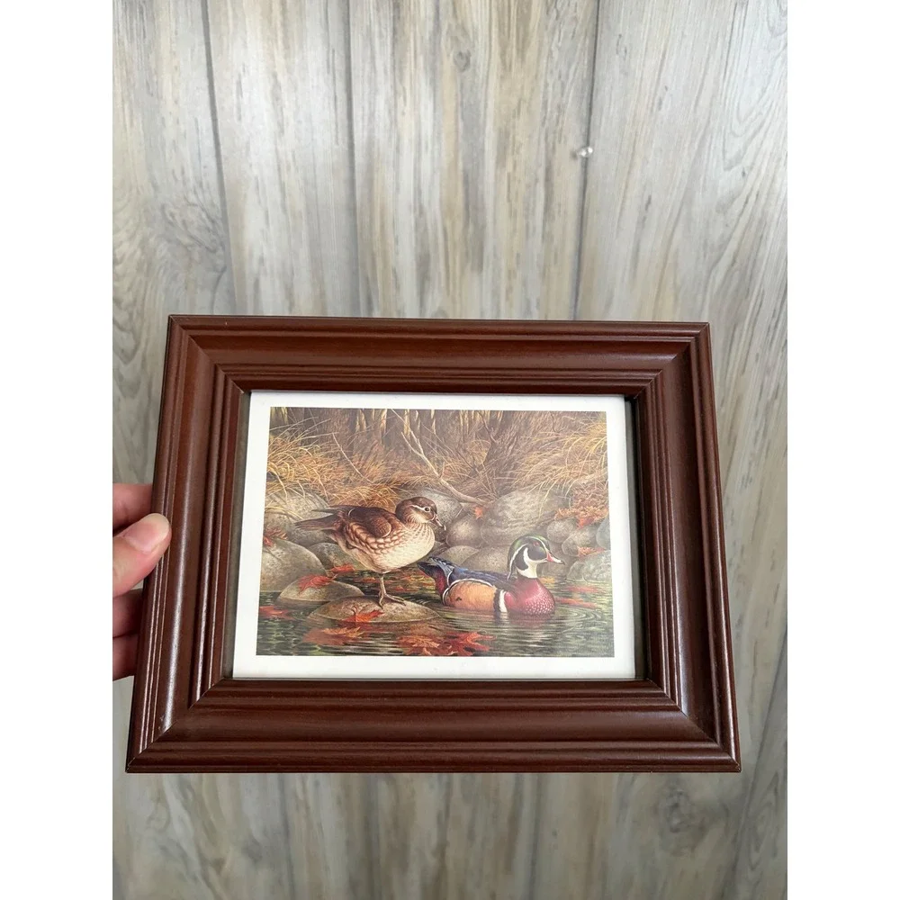 Vintage Wood Duck Nature Print in Brown Wood Frame Rustic Cabin Decor